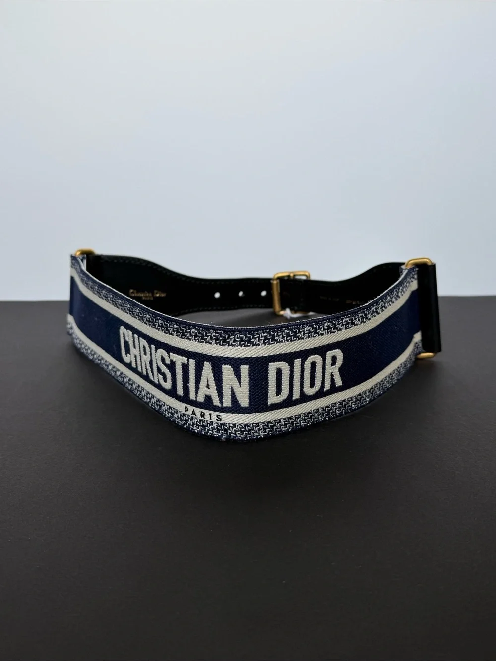 New! Dior Navy and White Signature Logo Canvas/Leather Belt